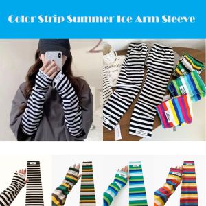 X SHOW Long Ice Arm Sleeve Color Strip Loose UV Protection Arm Gloves Y2k Anti-sunburn Ice Silk Sleeves Summer