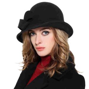 LUMIYA có trang trí nơ Mũ xô bằng nỉ len Thiết kế cổ điển Phong cách cổ điển Mũ Fedora Cloche Cổ Điển Mũ đội đầu thanh lịch Hình dáng thanh lịch Mũ bowler nữ Dịp cưới