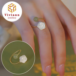 Viviann Original Hetian Jade Ring White Butterfly Shell Rose 14k Gold Filled Adjustable Rings For Woman Silver Jade Ring Party Fashion Jewelry for Women