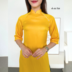 Áo dài cách tân nữ tết 2025 dáng suông lụa tây thi cao cấp màu vàng đính ngọc may sẵn mặc lễ hội dạo phố
