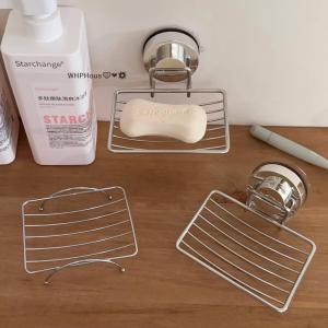 WP💓💛💖 Suction Cup Soap Dish No Drill Wall Mounted Drainage Rack Bathroom Soap Holder Stainless Steel Grid Organizer For Home Bathroom Shower Vanity