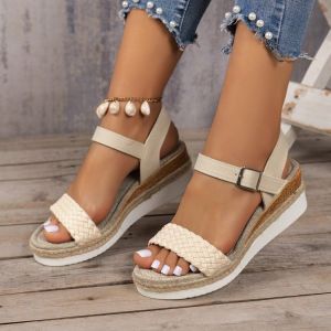 [Free Shipping] Plus-Size WomenS Sandals New Summer Style Lightweight With Buckle Closure Thick-Soled And Featuring A One-Strap Wedge Heel Design