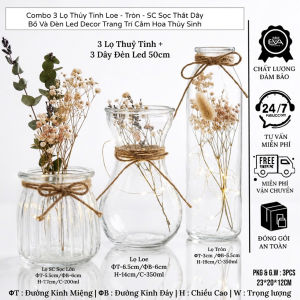 Set 3 Bình Thủy Tinh Tròn Loe SC Sọc Thắt Dây Bố Kiểu Dáng Bắc Âu Lọ Hoa Decor Nhà Cửa Sang Trọng