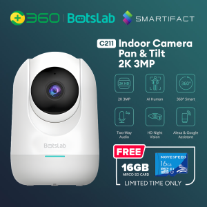 Smartifact by 360 Botslab C211 2K 3MP HD Indoor CCTV Camera Connect Cellphone Wifi Indoor Home Smart IP Dome Camera 360°Rotation With Human Motion Detection Two-Way Audio Night Vision Pan & Tilt IP Security Camera Up to 128GB Storage
