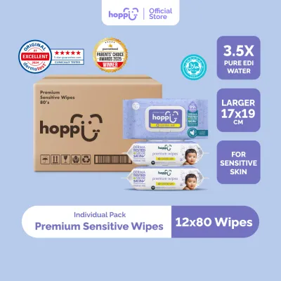 [CARTON] Hoppi Premium Sensitive Wipes [German Dermatologically Tested] with Halal Certified (80 Wipes x 12 Packs)