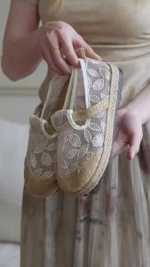 WomenS Cloth Shoes 2026 Summer New Linen Woven Vintage Embroidered Slip-On Half-Slipper WomenS Shoes