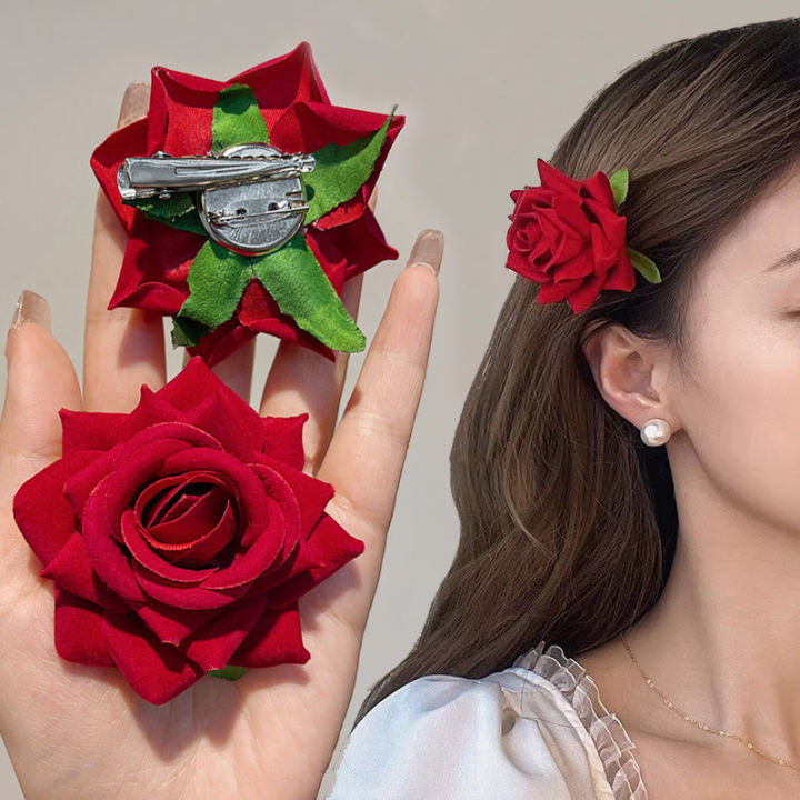 Multifunctional Red Fabric Rose Hairpin Brooch Bridal Wedding