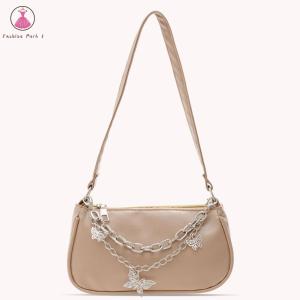 กระเป๋าถือหนัง PU สีทึบสำหรับผู้หญิงกระเป๋าแบบหนีบแขนโซ่คู่ผีเสื้อแฟชั่นใหม่