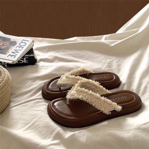 [Free Shipping] Korean-Style Color-Blocked Summer Sandals For Outdoor Wear With Frayed Edges Super Soft Flat Soles Sweet And Cool Wasteland Style WomenS Flip-Flops