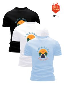 Printed T-Shirt 3 Pack Mens 100% Cotton Graphic Tees Funny Summer Blouse Casual Breathable Cool Luxury High Quality Clothing