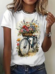 WomenS Floral Bicycle Scenery 3D Print Short Sleeve Round Neck White T-Shirt Trendy Streetwear T-Shirt