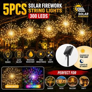 Solar Firework String Lights 5pcs 300 LED Hanging Spark Fairy Copper Wire 8 Modes Auto On Off