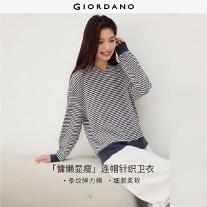 GIORDANO Women Hoodies Striped V-Neck Hoodies Drop Shoulder Relaxed Fit Fashionable Casual Hoodies 13326647