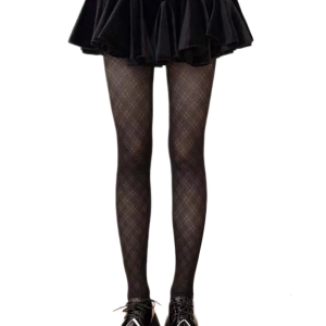 Women Japanese Style Gothic Mesh Tights Stockings Elegant Argyle Checkered Plaids Pattern See Through Pantyhose Hosiery