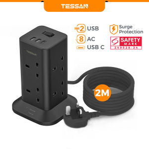 TESSAN Tower Extension Multi Plug Socket Adaptor Surge Protector with USB-C Power Extension Cord 2M Safety Mark
