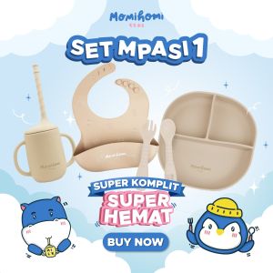 Momi Homi SET MPASI Celemek Piring Sendok Dan Gelas Silikon Anti Slip Sekat 3 Peralatan Perlengkapan Mpasi BPA FREE Baby Silicone Plate Suction Plate Baby Feeding Food Grade Microwave Safe Tahan Panas 220 Derajat Tempat Makan Bayi Piring Silikon