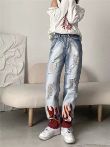 Jeans Wanita Celana Panjang Longgar Sablon Api Lubang