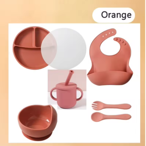 6pcs Set Baby Silicone Dining Set Suction Plate Silicone Bib Bowl Food Grade Training Dining Tableware