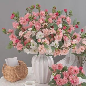 Hoa giả Hoa đào 1 cành 5 nhánh nhiều hoa 45cm trang trí phòng vải lụa cao cấp decor tiệc cưới sự kiện hoa để bàn