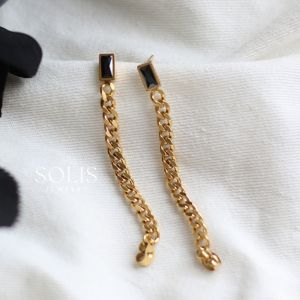Black Zircon Back-hanging Chain Stud Earrings 18K Gold Plated • 316L Stainless Titanium Steel Waterproof Non-Tarnish Hypoallergenic Fashion Earring For Women ER383