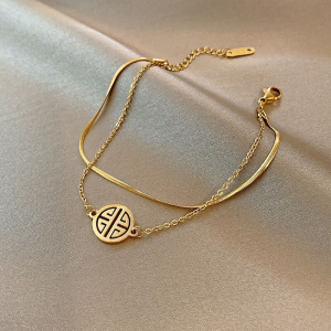 OYJR สร้อยข้อมือผู้หญิงสแตนเลส 18k ทองจีน "FU" จี้ความหมายโชคดี
