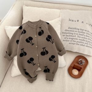 Baby clothes spring outfit for boys cute knitted jumpsuit for baby girls cherry embroidered sweater outdoor crawling outfit
