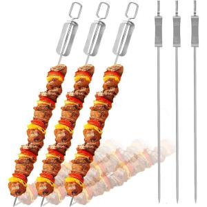 6Pcs Kabob Skewers for Grilling Stainless Steel Flat BBQ Skewers with Quick Release Metal Sliding Handle Barbecue Accessories