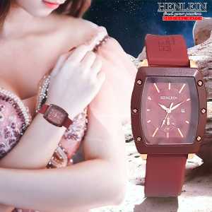 HENLEIN Jam Tangan Wanita Original Bergaransi Bentuk Oval Elegan Tali Silikon HW-6003 Red Marun