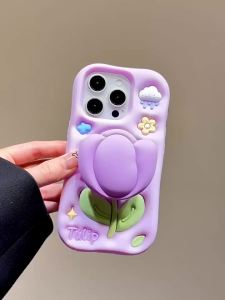 Cartoon 3D Purple Tulip Bracket Phone Case For iPhone 16 15 13 14 Pro Max Soft Silicone Back Cover With Stand Holder