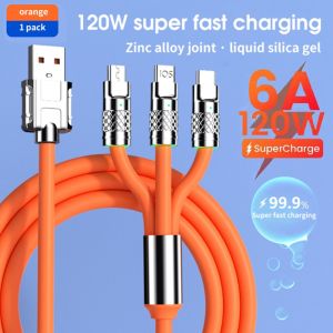 ♥【Readystock】 + FREE Shipping ♥ 1.2M/2Meter 6A 120W 3 In 1 USB Fast Charger Cable For iPhone 14 13 Type-C Micro USB Super Charging Cable For Huawei Samsung Xiaomi Wire Cord