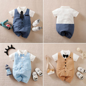Baby Clothes 100% Cotton Short Sleeve Gentlemanly Bow Tie Decorate Jumpsuit Romper Bodysuit One-piece For 0-18months Baby Boys