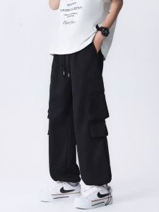 Mens  fashion brand multi-pocket straight cargo pants mens retro loose drawstring wide leg casual pants Seluar Kerja Seluar Kargo Slack [5XL]