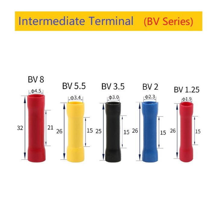 50pcs BV1.25 BV2 BV3.5 BV5.5 BV8 Straight Butt Wire Terminal Splice