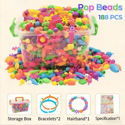 188/258pcs Versatile DIY Pop Bead Kit for Kids Cordless Handmade Jewelry Making Toy for Girls Gift