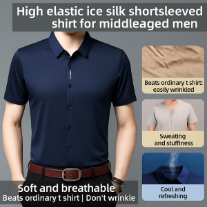 【HOT】Mens Ice Silk Short-Sleeved Shirt Breathable Mesh Quick Drying Short Sleeve Business Commuter Thin Top
