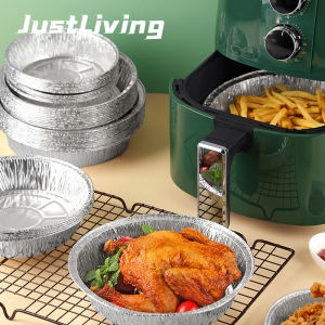 JustLiving 50 cái Giấy bạc gia dụng hình tròn cho nồi chiên không khí Nhà bếp Tấm nhôm nướng BBQ Chảo thực phẩm Lớp nướng Lò nướng không thấm dầu mỡ Khay giấy thiếc Tấm thấm dầu