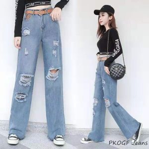 PKOGF Oversize Women Jeans Pants Straight Casual Fashion Plus Size Ladies Denim Pants High Waist Ripped Loos Wide-leg Trousers (40-100kg)