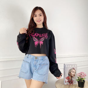baju tangan panjang wanita oversize Sweater Crop bahan Fleece motif kupu kupu korean style