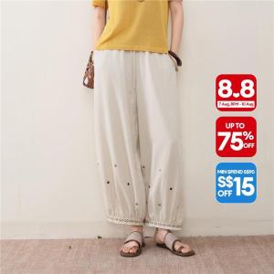 Giordano Women Embroidered drawstring wide leg pants Free Shipping 18416508
