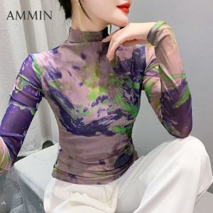 Ammin 2024 Mùa Xuân Và Mùa Thu Đơn Giản màu trơn Thời Trang Định Vị ghép màu in màu mực Thiết Kế Tay áo dài Căng Cotton T-Shirt Phụ Nữ phong cách Hàn Quốc R Bán cổ cao Giản Dị Cộng Với Kích Thước Áo Blouse thanh lịch Tops