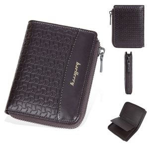 LALEUCA Leather Mens Short Wallet Zipper Card Bag English Letter Anti-theft Cash Bag Multifunction ID Badge Holder Male Leather Purse Men