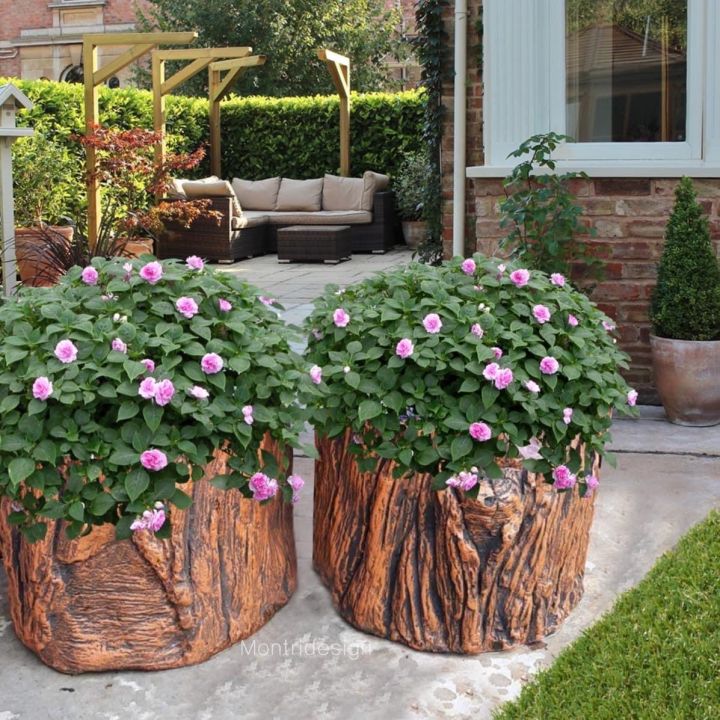 กระถางต้นไม้ปูนลายไม้ทรงตอไม้ สำหรับปลูกดอกไม้