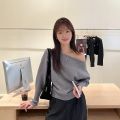Korean Long Sleeves Off Shoulder Knitted Sweater For Women Loose Lantern Tops. 