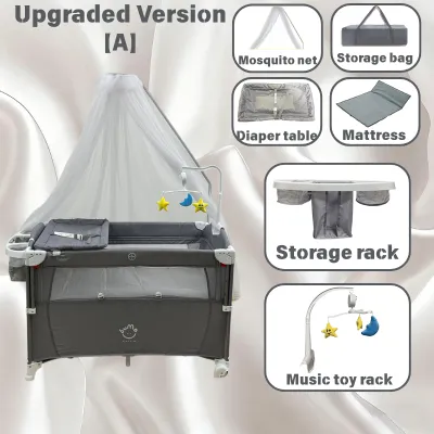Portable Convertible Baby Bed with Mosquito Net Storage Changing Table and Rocker - Waterproof Easy Storage 0-4 Years
