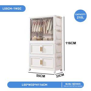 SUSU HOMES L55/70CM Foldable Kids Wardrobe Double Door Large Capacity Clothes Storage Cabinet with Pulleys Almari Simpan