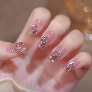 Manikur berlian tiga dimensi merah muda kuku panjang berkilau halus berlian rusak fake nail kuku palsu + lem nail art