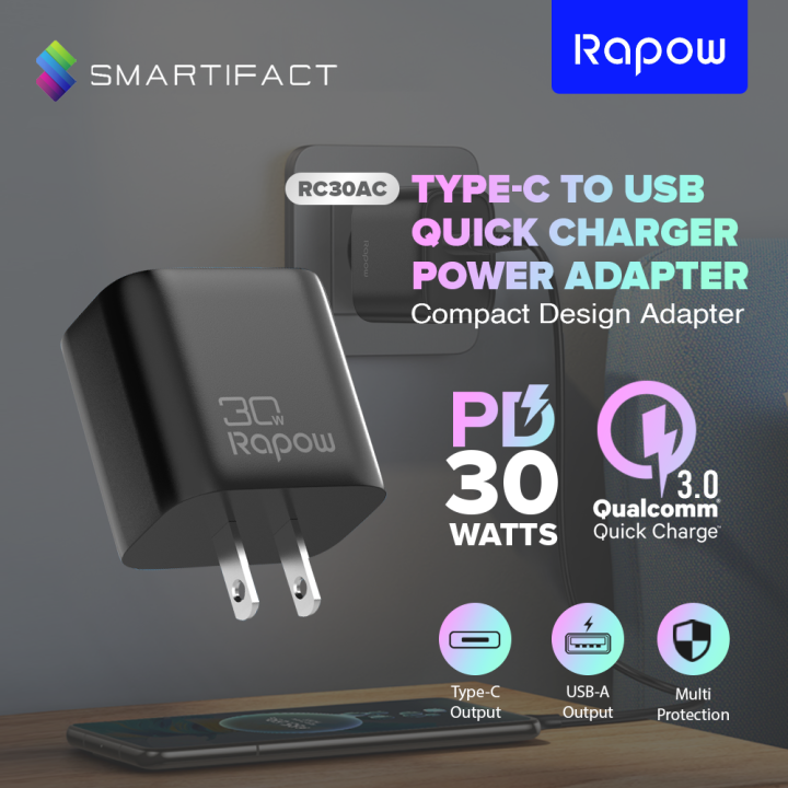 Rapow RC30AC PD 30W A+C Travel Charger 5V/2A QC USB+Type-C Dual Charger  Port Adapter For Apple/ Android OIS Super Fast Charger Universal