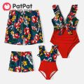 PatPat Family Matching Floral Print & Solid Spliced Ruffle Trim One-piece Swimsuit and Swim Trunks. 