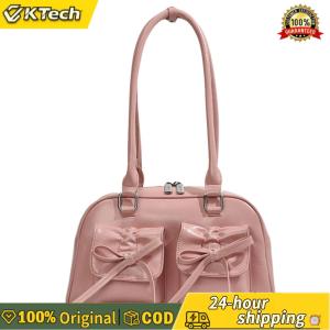 【Free Shipping】 Women Stylish Underarm Bag Double Pockets PU Leather Daily Commuting Bag with Bow Simple Shopping Bag Solid Color for Travel Vacation