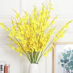 WXUZGC168 4Pcs Long Stem Artificial Orchid Flower Yellow Real Touch Fake Butterfly Orchids Elegant Faux Silk Oncidium Flower Bouquet Living Room